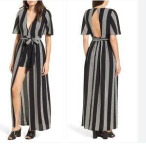 Navy Striped Socialite Romper Open Back V Neck Jumpsuit Size M